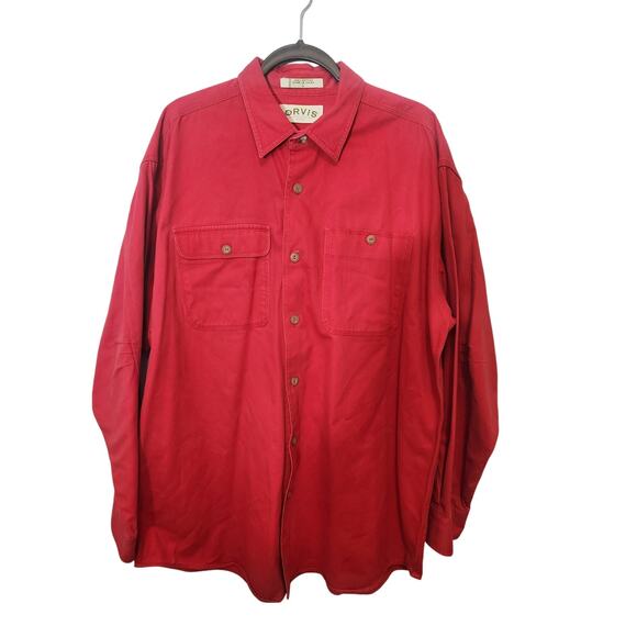 Orvis Men's Large Red Denim Sporting Traditions Long Sleeves Button Up - Picture 1 of 5